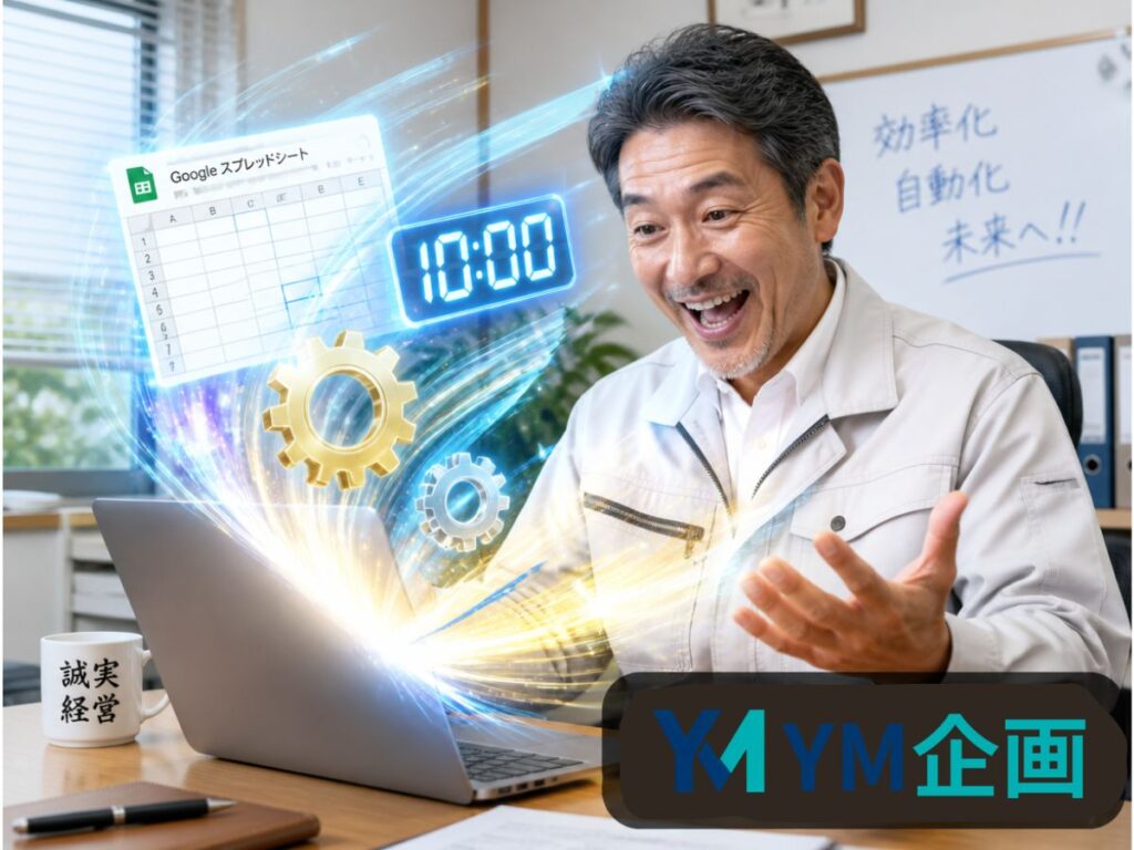 2026最新のGASを活用した中小企業の事務作業自動化で、満面の笑みを浮かべて時間を生み出している経営者のイラスト