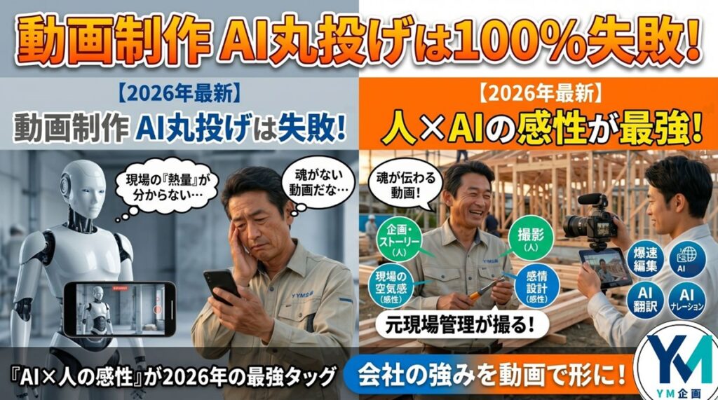 AIに丸投げした動画制作の失敗例（悩む工務店社長とロボット）と、人とAIの感性を掛け合わせたYM企画の成功例を対比した、中小企業向け動画マーケティングのブログサムネイル画像