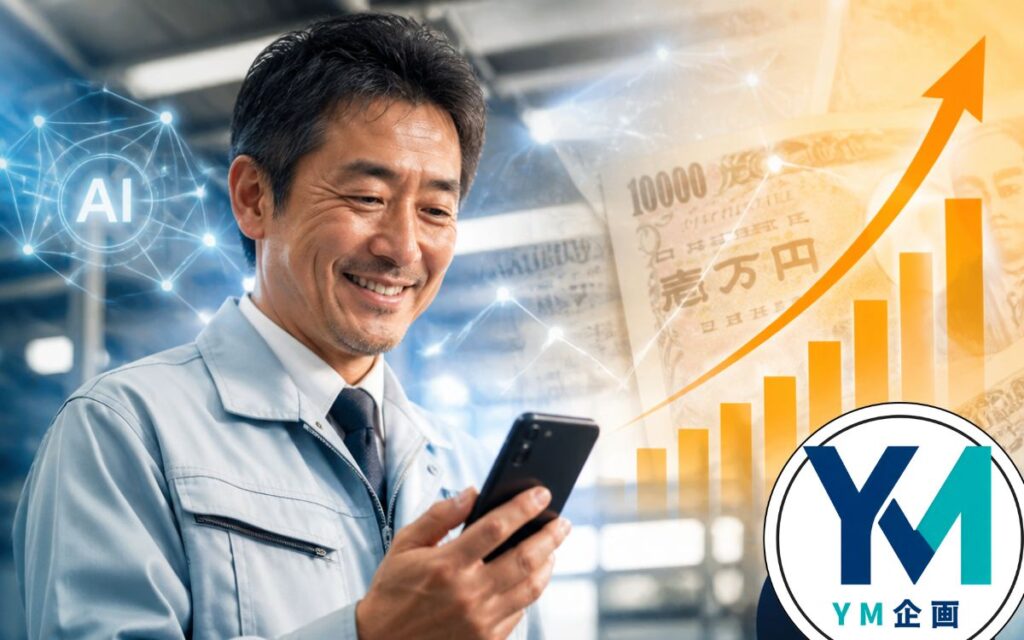 2026年最新の補助金を活用してAI導入に成功し笑顔を見せる中小企業の社長とYM企画のロゴ