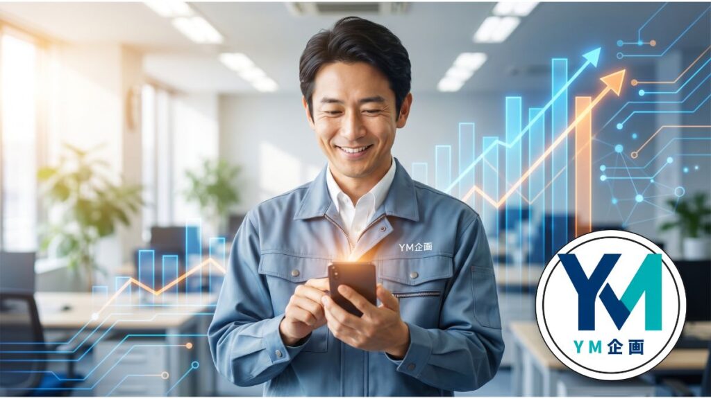 専門家のツテがなくても補助金を活用してAI導入に成功し安心した笑顔を見せる中小企業の社長とYM企画のロゴ