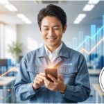 専門家のツテがなくても補助金を活用してAI導入に成功し安心した笑顔を見せる中小企業の社長とYM企画のロゴ