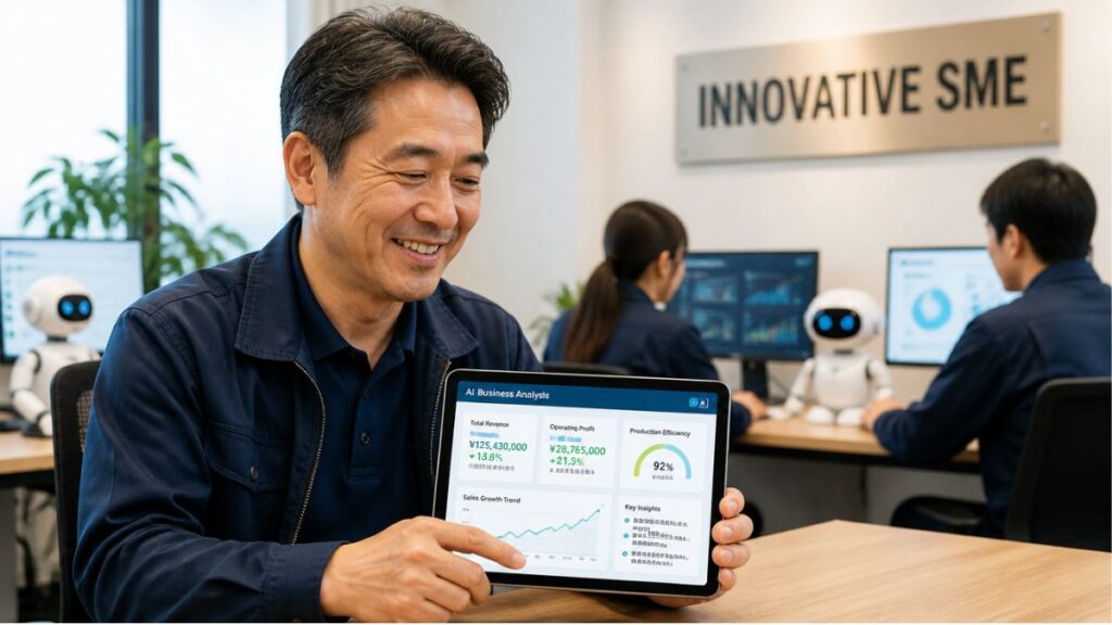 タブレットでAIビジネス分析のダッシュボードを笑顔で見せる中小企業の経営者