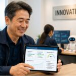 タブレットでAIビジネス分析のダッシュボードを笑顔で見せる中小企業の経営者