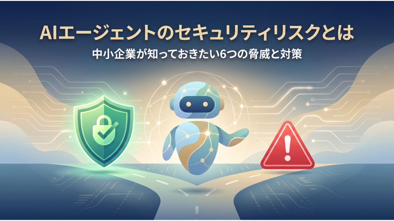 AIエージェントのセキュリティリスクを表すアイキャッチ画像。AIエージェントのアイコンと盾・警告マークが並ぶイラスト