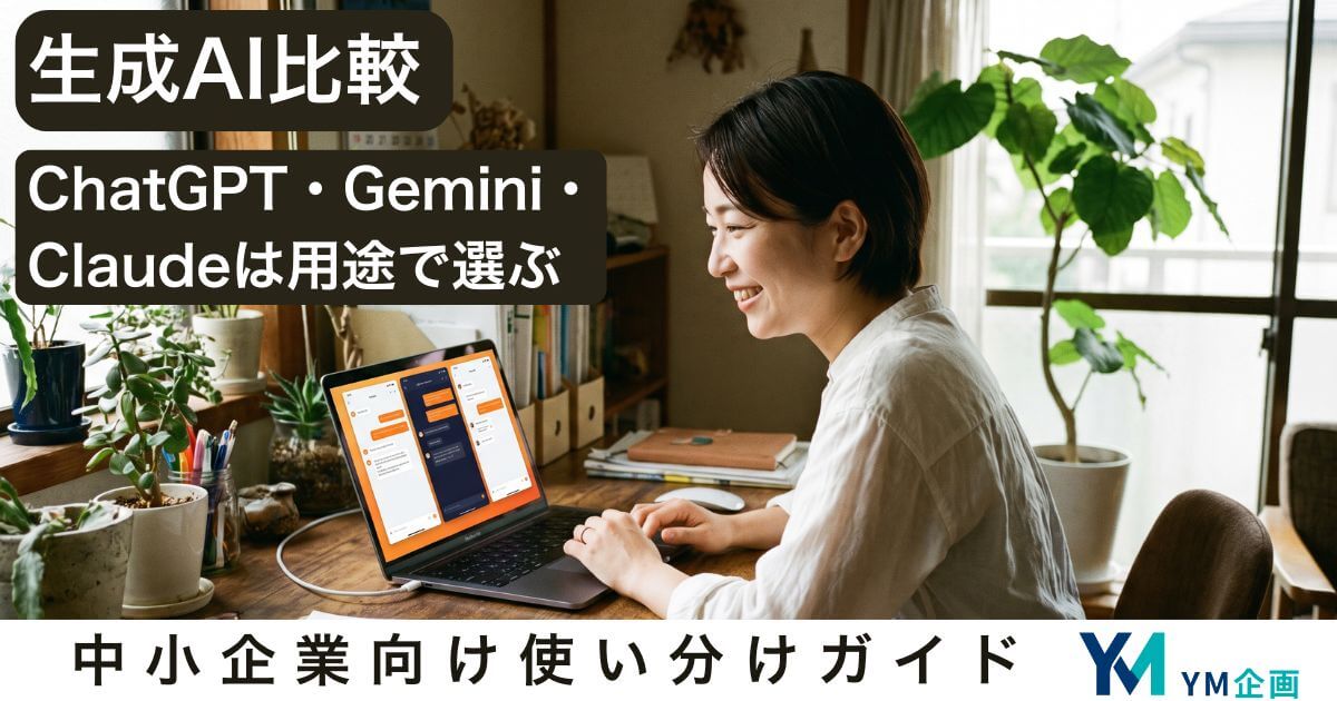 ノートPCで複数の生成AIチャット画面を見比べる経営者