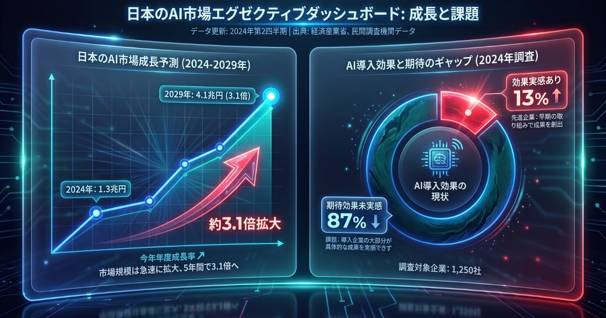 2024年1.3兆円から2029年4.1兆円へ急成長するAI市場規模と、導入効果を実感できている企業わずか13%の課題ギャップを示すグラフ