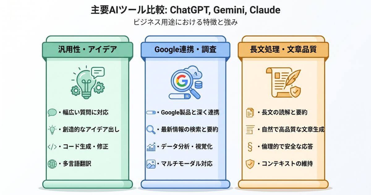 ChatGPT、Gemini、Claudeの特徴と得意分野を一覧で比較した概念図解
