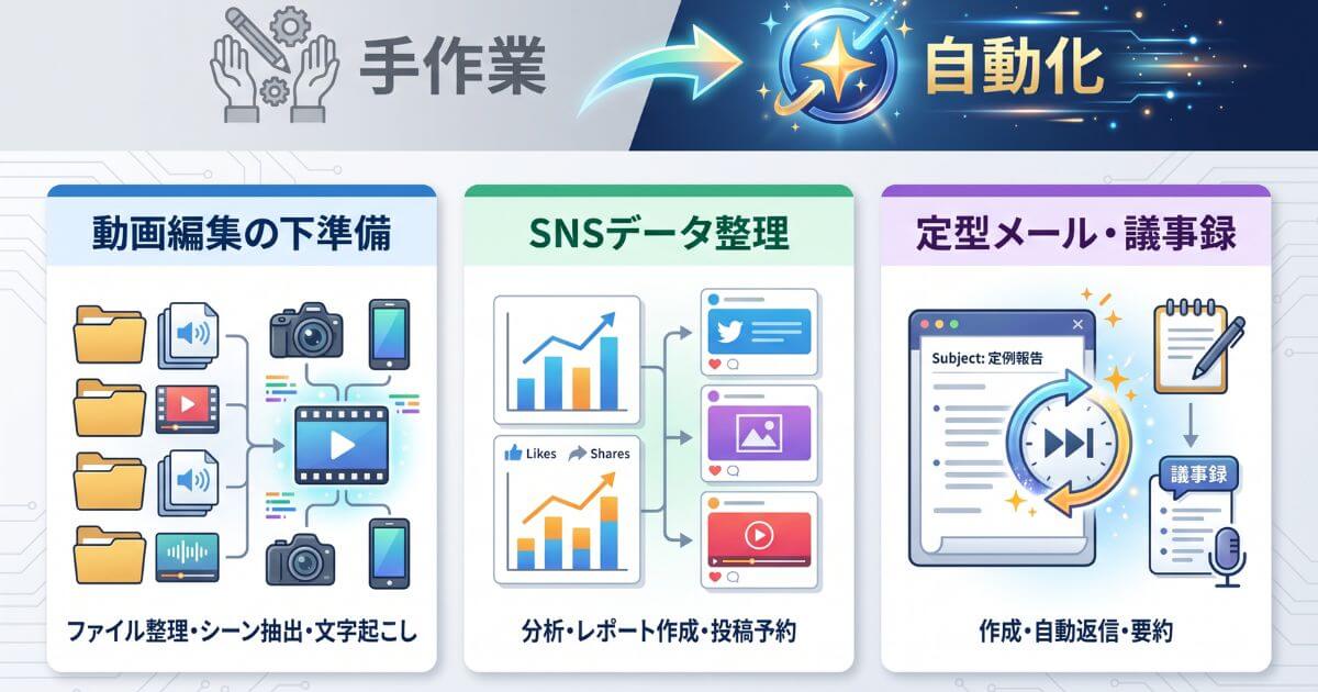 Claude Codeで自動化できる3つの業務例（動画編集の下準備・SNSデータ集計・メール議事録作成）