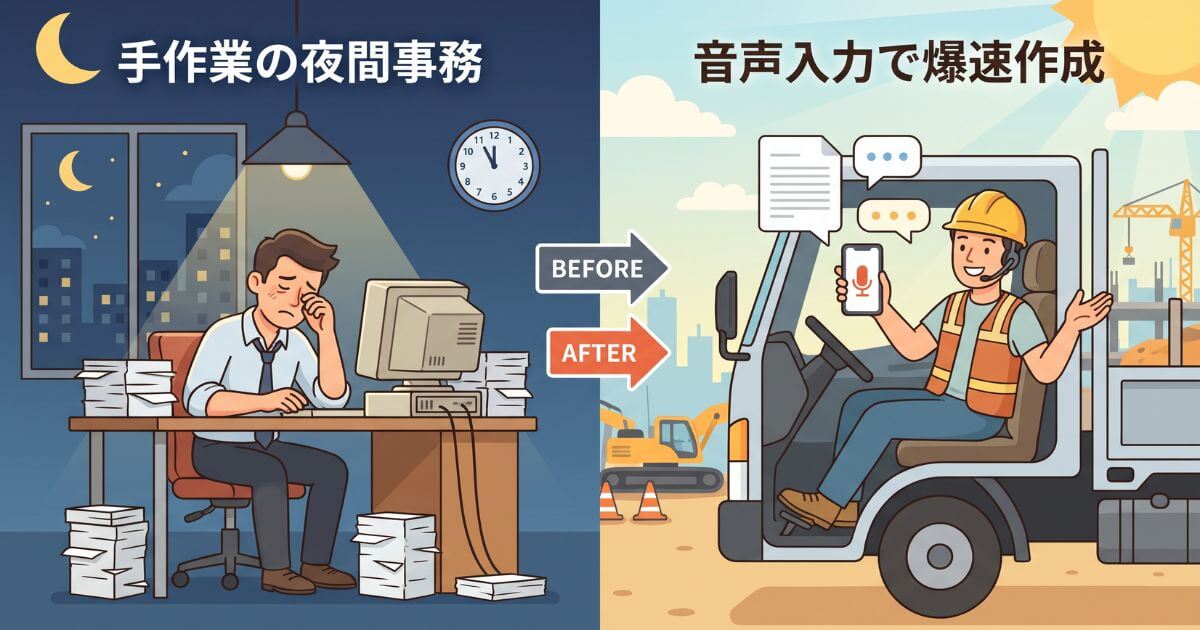 夜遅くに事務所で疲弊しながら書類作成する社長（Before）と、車内からスマホ音声入力でスマートに書類を作成する社長（After）の比較イメージ図