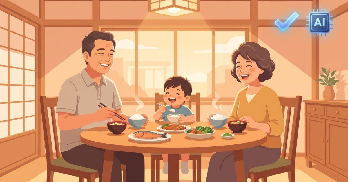 AIに面倒な書類作成を任せたことで、夜遅くまでの残業から解放され、家族と温かい夕飯を笑顔で囲む中小企業の社長のイラスト