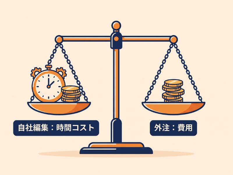 天秤で外注費用と自社編集の隠れた時間コストを比較したイラスト