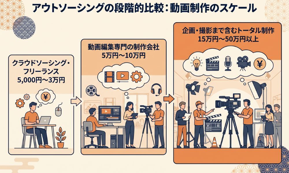 フリーランス・制作会社・トータル制作の3段階の費用と特徴を比較した図