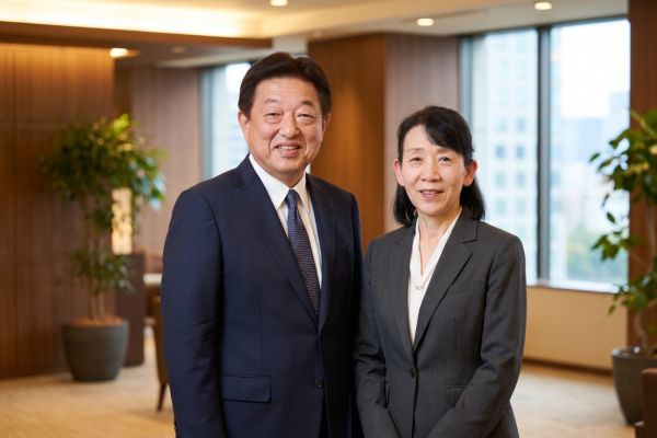 笑顔で並ぶYM企画の代表・畝中陽一夫婦の写真