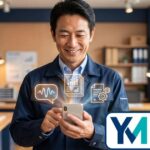 中小企業の社長が2026年最新のAI・デジタル活用によってスマホ1台で業務効率化を実現している様子、右下にYM企画のロゴ入り