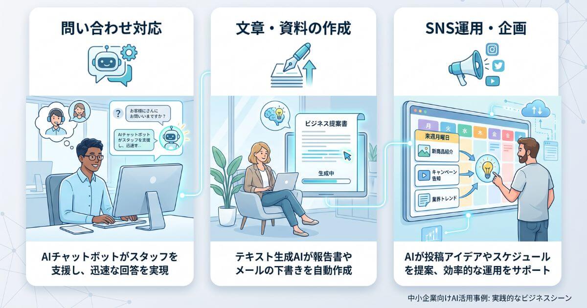 中小企業の業務におけるAI活用事例。問い合わせ自動化、資料の下書き作成、SNS企画などの図解