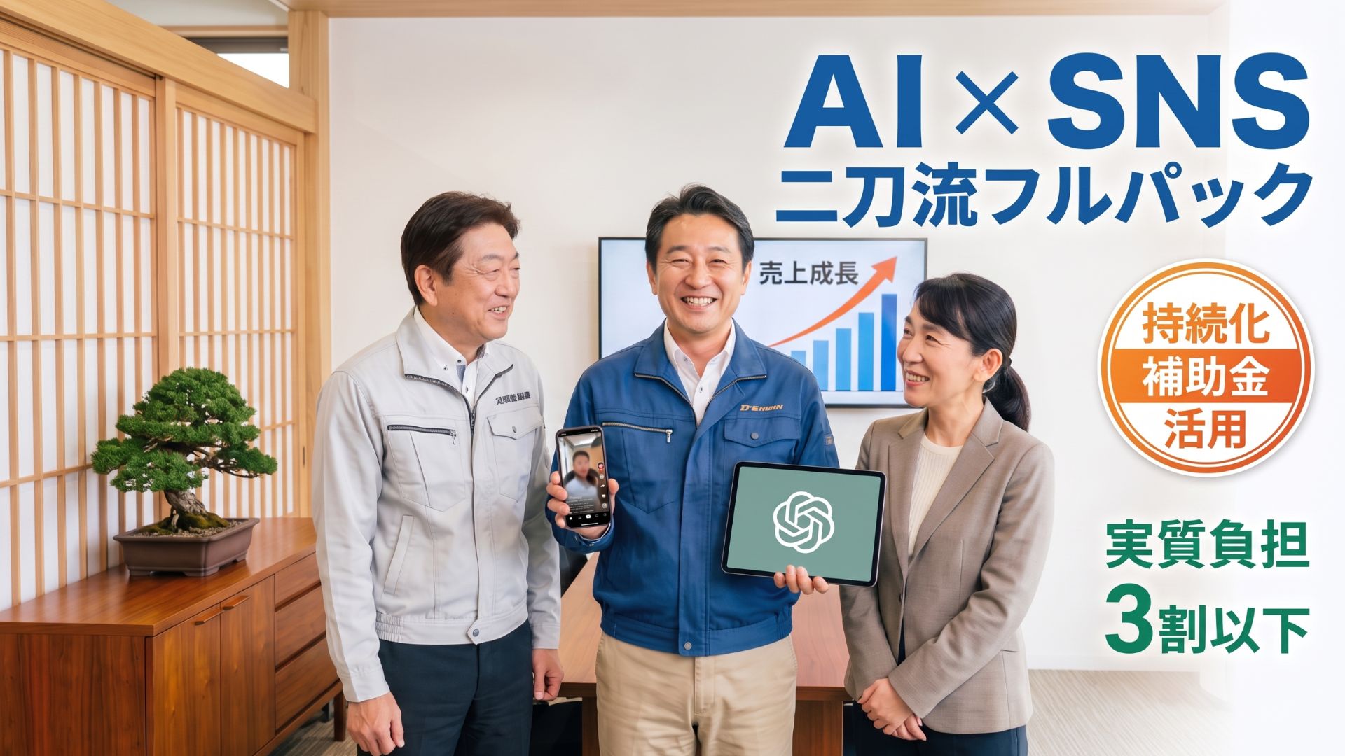 持続化補助金でAI導入とSNS運用代行を実質3割負担で丸投げできるYM企画の爆速二刀流パック。笑顔の中小企業社長とYM企画の畝中様がAIとSNSで成功しているメインビジュアル。