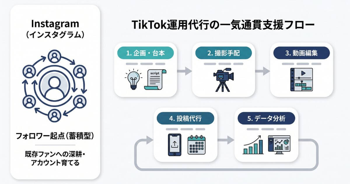 TikTok運用代行の支援プロセスを解説したインフォグラフィック。企画・台本作成、撮影、動画編集、投稿代行、データ分析・改善までの5ステップの一貫サポートフローを示した図解。