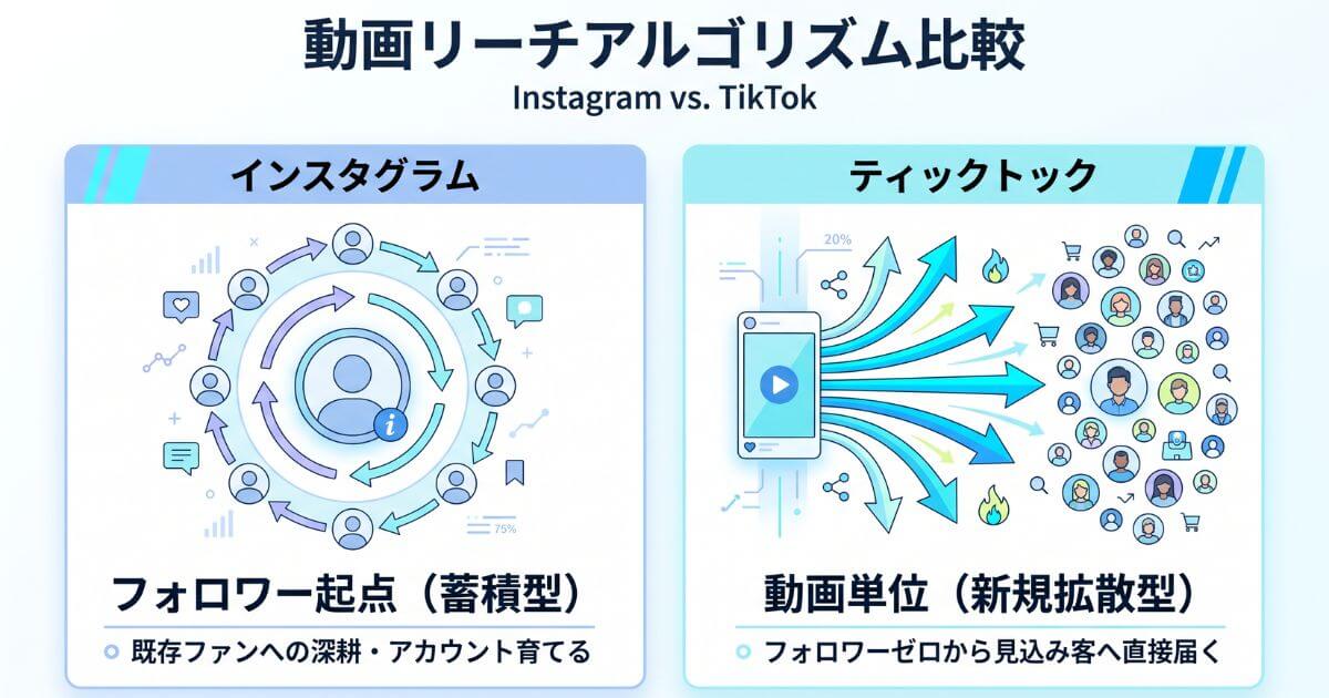 InstagramとTikTokの拡散アルゴリズムの違いを比較したインフォグラフィック。Instagramの「フォロワー起点の蓄積型」とTikTokの「フォロワーゼロから新規拡散できる動画単位評価」を可視化した図解。