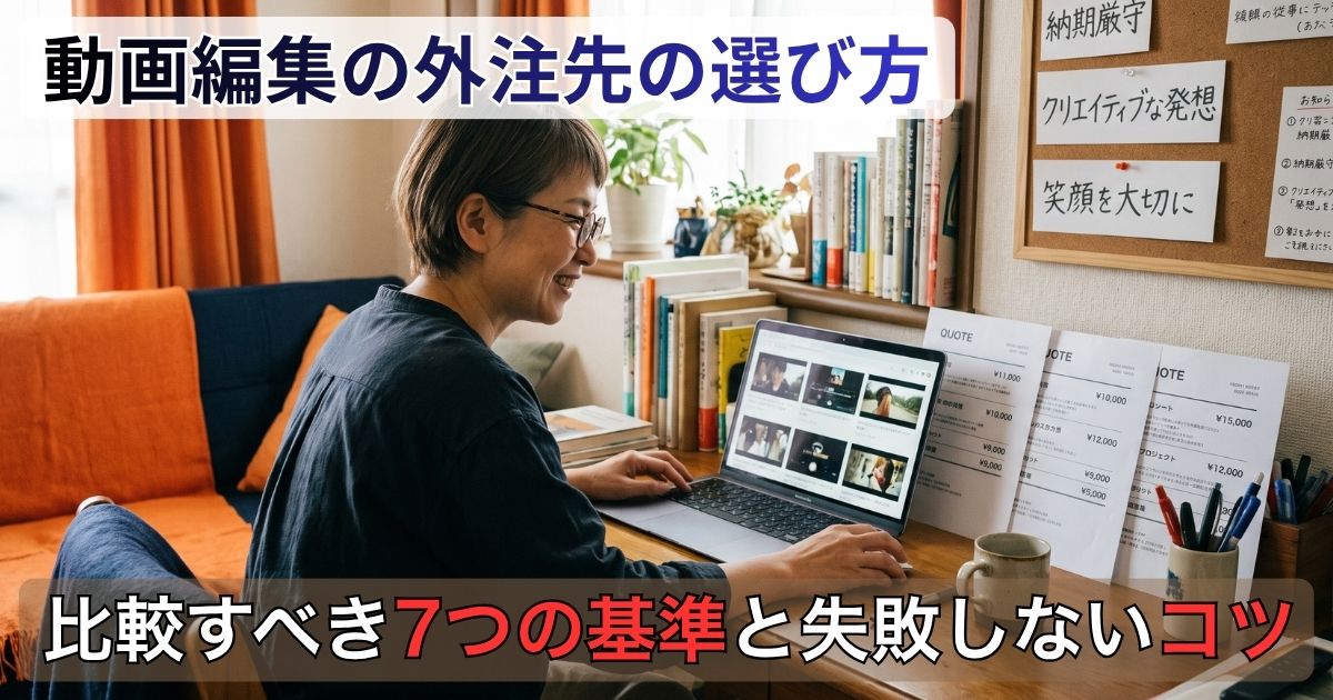 ノートPCで動画編集の外注先候補を比較検討する経営者