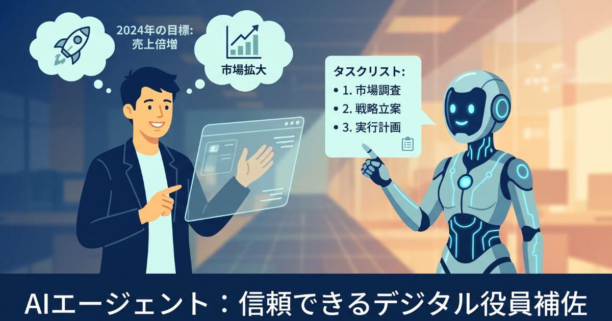 目標を伝えると自動で計画・実行を進めるAIエージェント（デジタルアシスタント）の基本概念図
