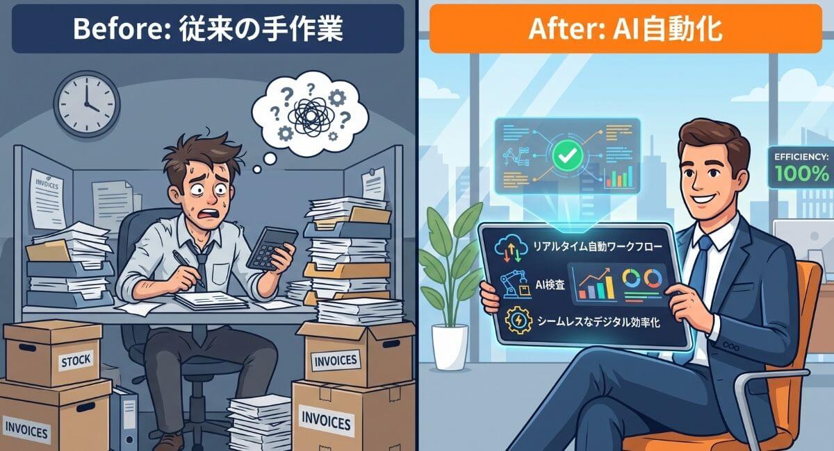 業務のAI導入前と導入後（Before/After）における受発注や検品作業の自動化・効率化のイメージ比較図