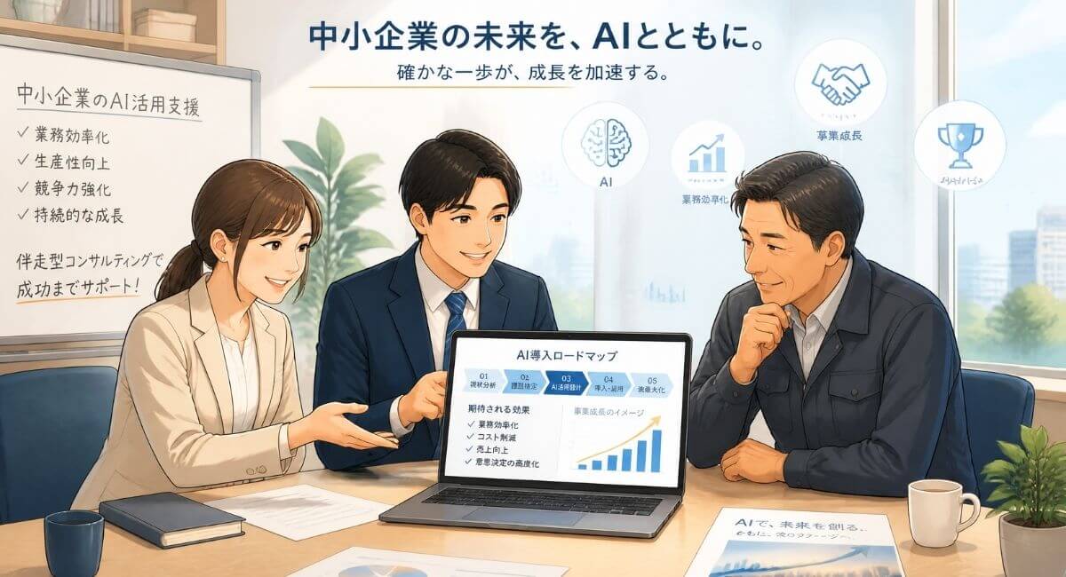 自社の課題に合わせたAI活用と補助金検討を専門家に相談しながら進める伴走支援のイメージ