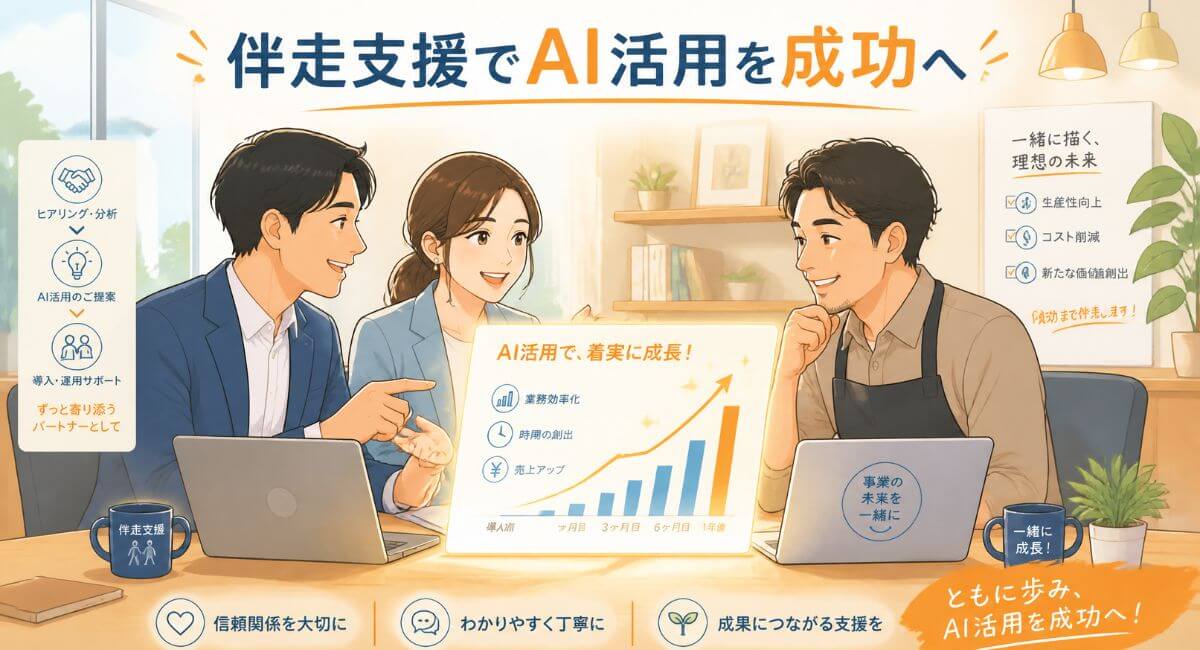 専門家の伴走支援を受けながら課題を解決しAI活用を進める中小企業経営者のイメージ