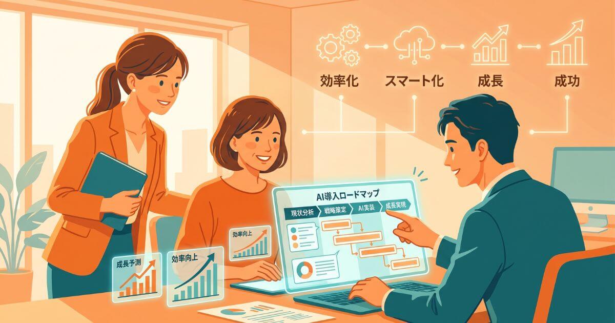 専門家の伴走支援を受けながら自社に適したAI活用ロードマップを描くイメージイラスト