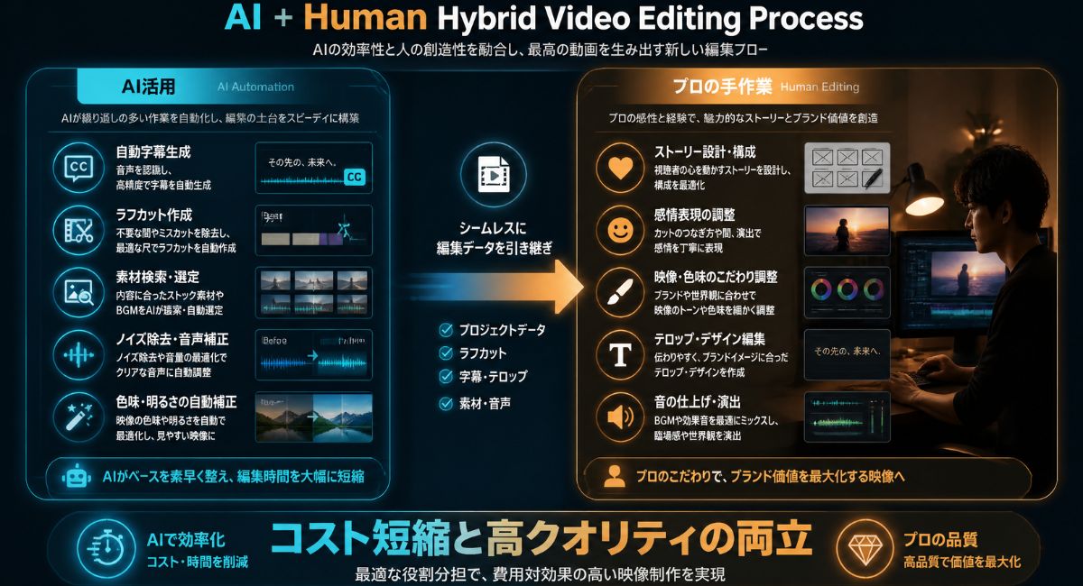 テロップ・粗編集のAI効率化とプロのコンテ・トーン調整を組み合わせたハイブリッド動画編集モデルの仕組み