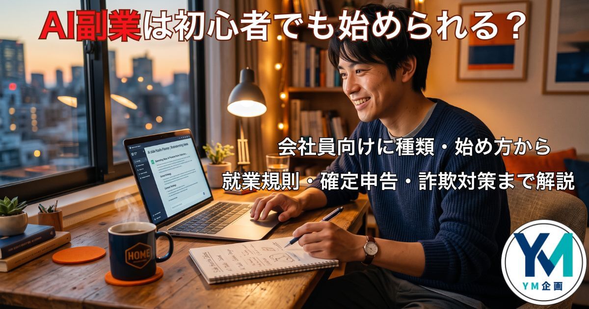 自宅でノートPCを使いAI副業に取り組む会社員の様子