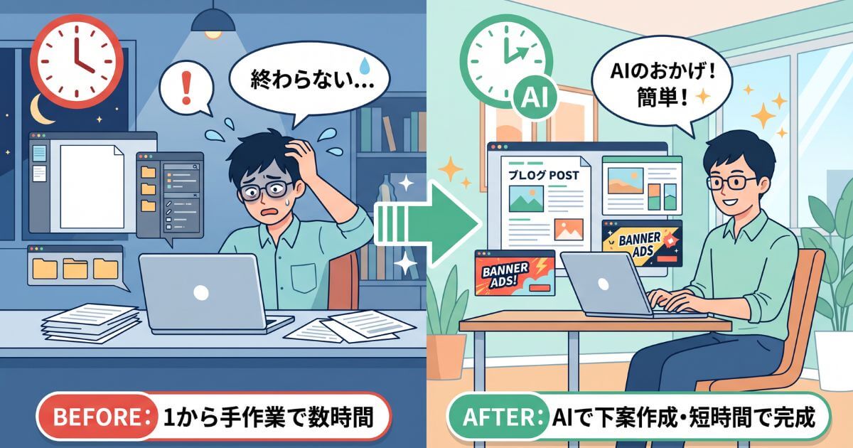 AI副業における作業時間のビフォーアフター。1から手作業で作る状態からAI活用で短時間・高品質へ変化