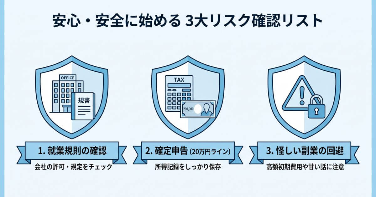 AI副業を始める際のリスク対策チェックリスト。就業規則の確認、確定申告の20万円ルール、詐欺案件の見分け方を網羅