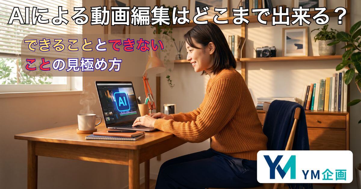 AIツールと人が協力して動画編集をする小さなオフィスの様子