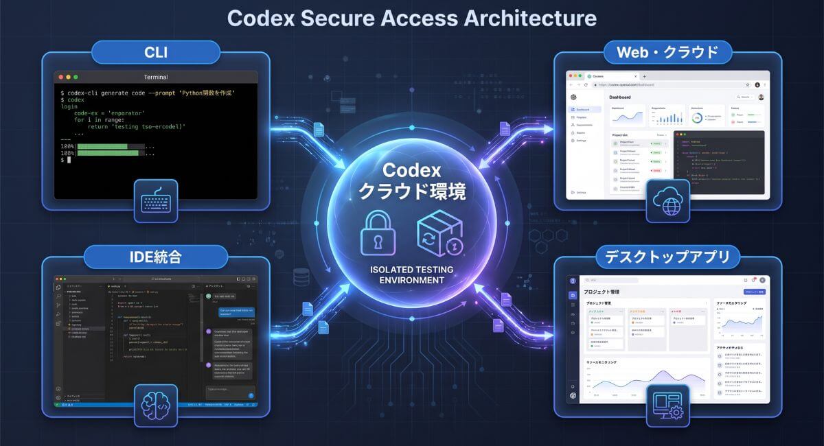 CLI、Web、IDE、デスクトップアプリの4つの入り口から安全なクラウド隔離環境で稼働するCodexのアクセス構造