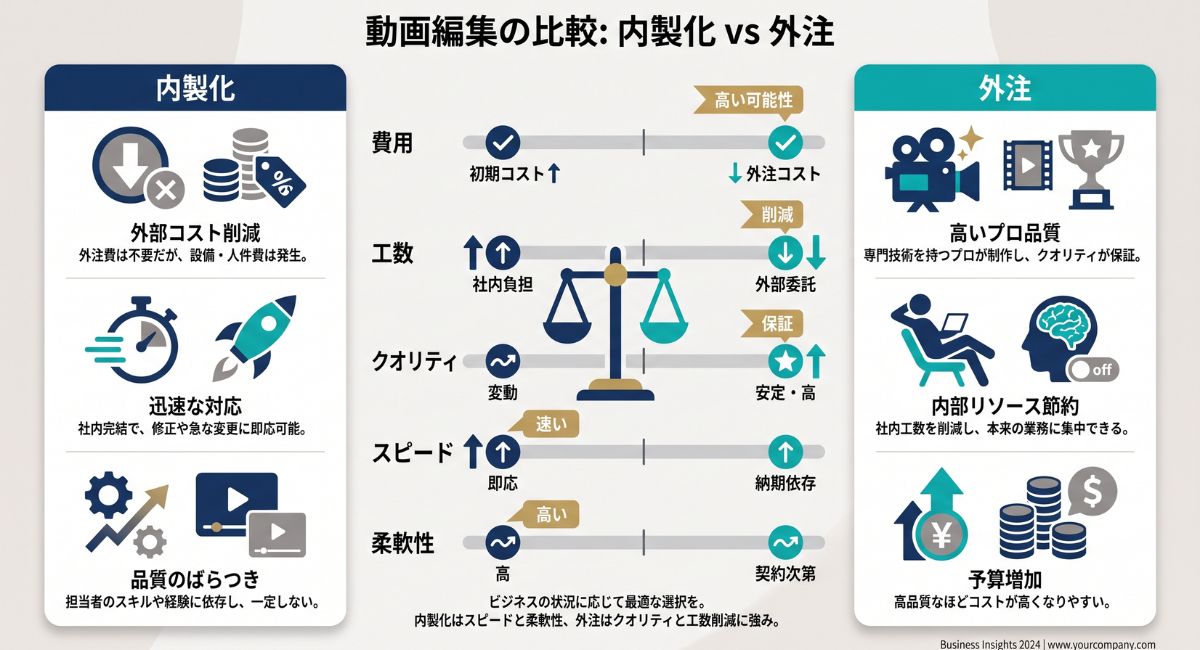 動画編集の内製化と外注の違いを費用・工数・クオリティ・スピード・柔軟性の5軸で比較した図解