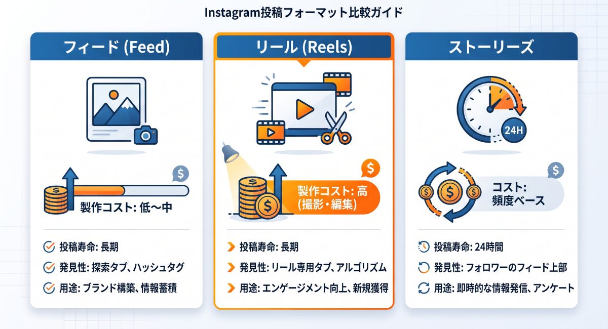 Instagramのフィード、リール、ストーリーズにおける制作工数と運用費用の違いを整理した比較図解