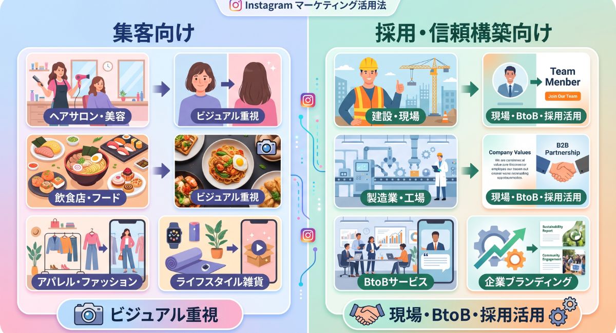飲食店・美容などの集客向け活用と、建設業・製造業などの採用ブランディング向け活用の比較図