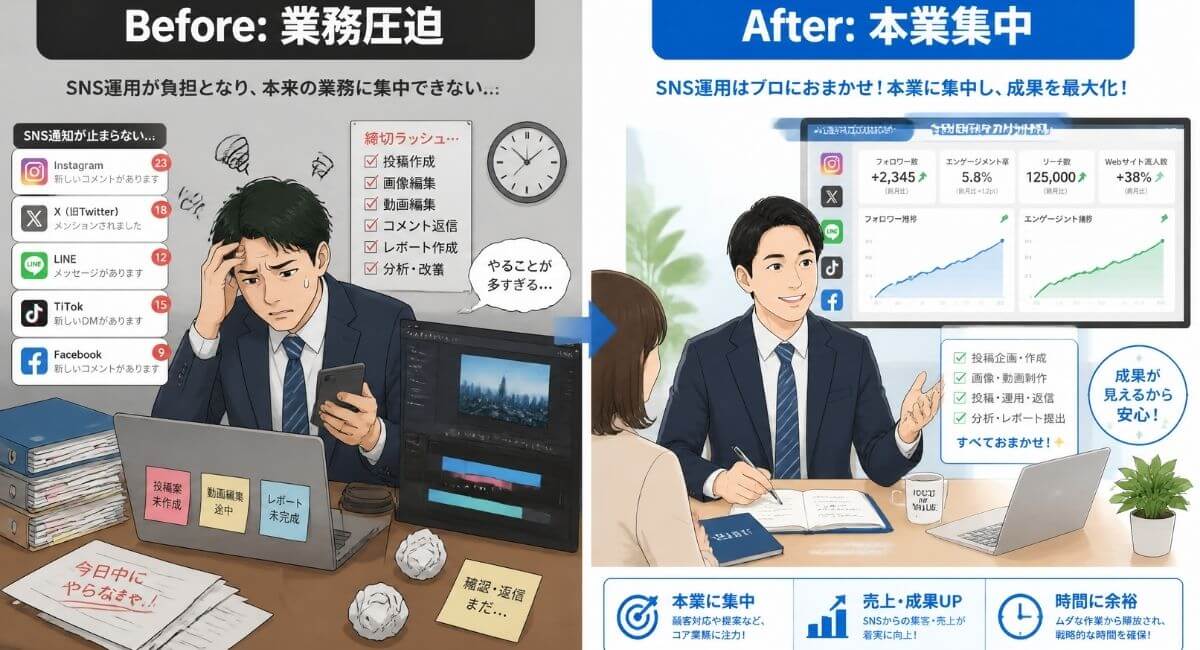 SNS運用を外注化する前の業務圧迫状態と外注後の本業集中状態のビフォーアフター