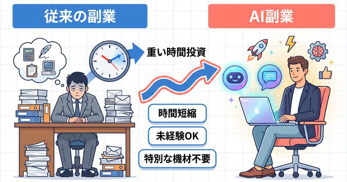 従来の副業とAI副業の違いをわかりやすく比較した図解イラスト。作業時間の短縮やスキル不要などのメリットを解説
