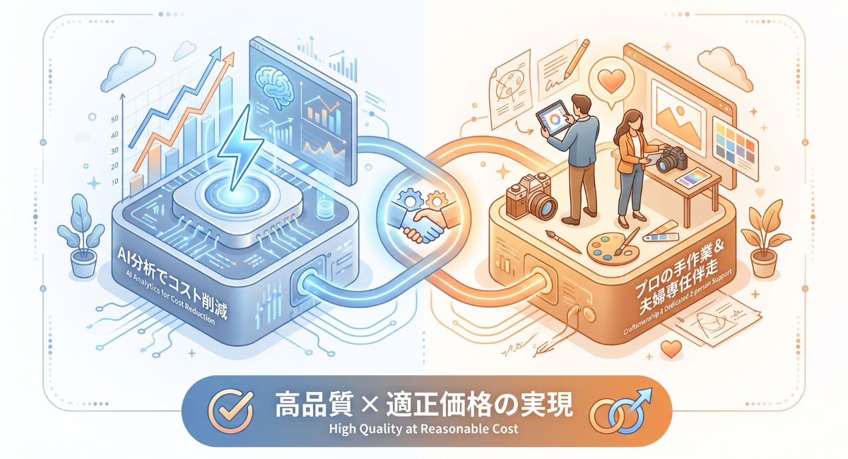 YM企画の強みであるAI分析によるコストカットとプロの手作業・夫婦専任伴走による高品質運用の仕組み