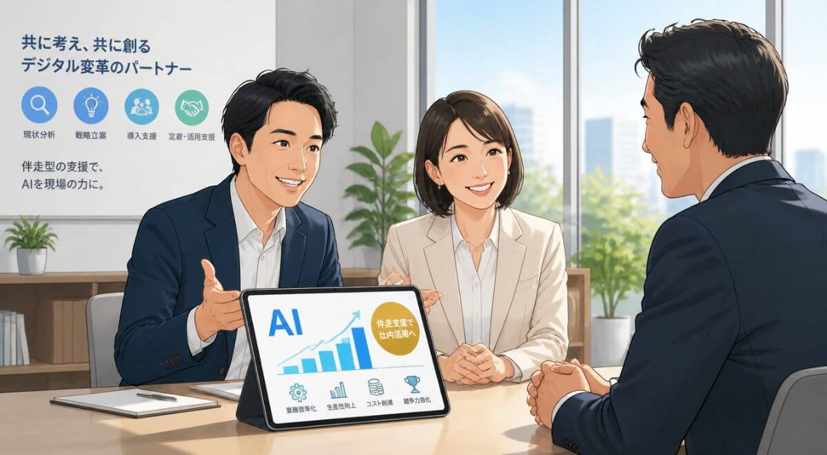 生成AIの専門家に相談して社内活用へステップアップするイメージイラスト