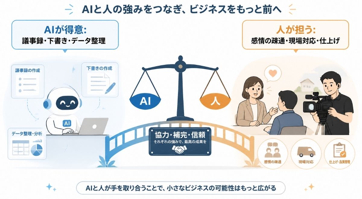 中小企業の人手不足対策におけるAIと人間の役割分担を示す図解。定型業務はAI、コミュニケーションや仕上げは人が担う比較。