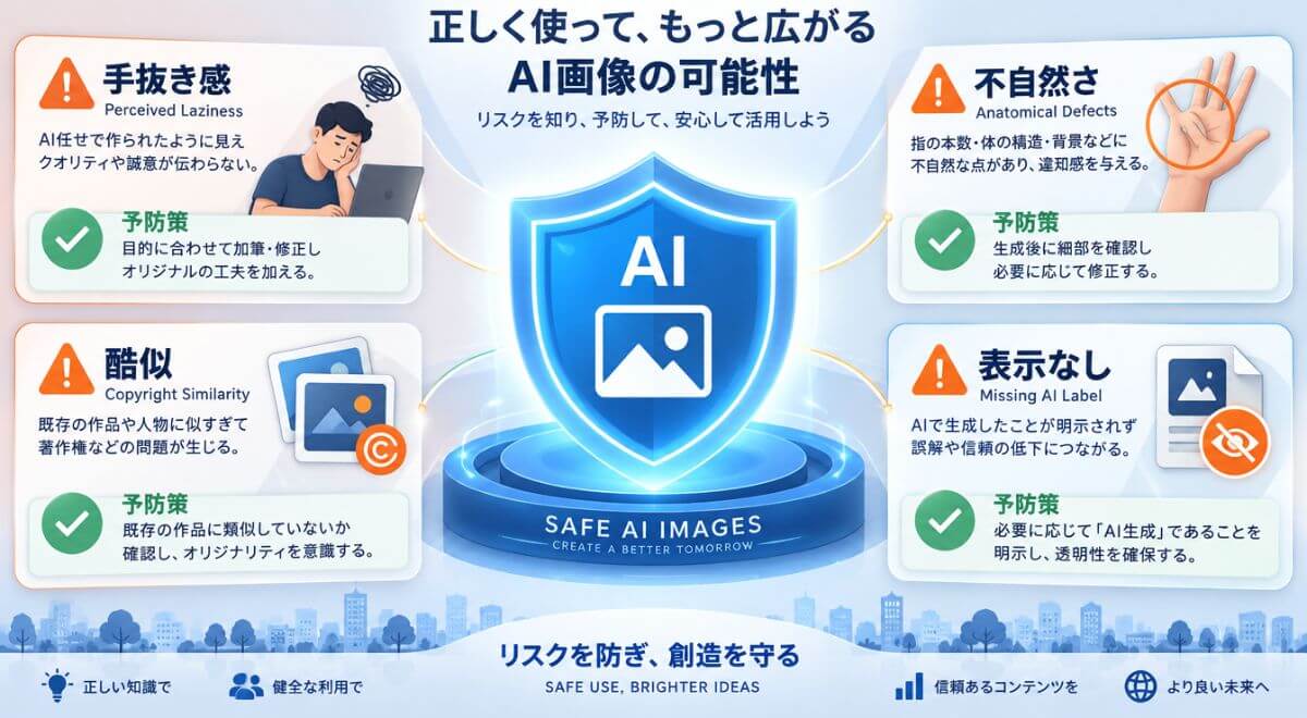 AI画像のSNS発信で起きやすい炎上パターン4つとそれぞれの予防策を示した図解