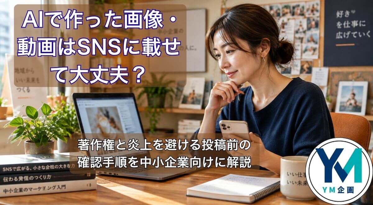 SNSに投稿する前にAI画像をノートPCで確認する日本人の担当者