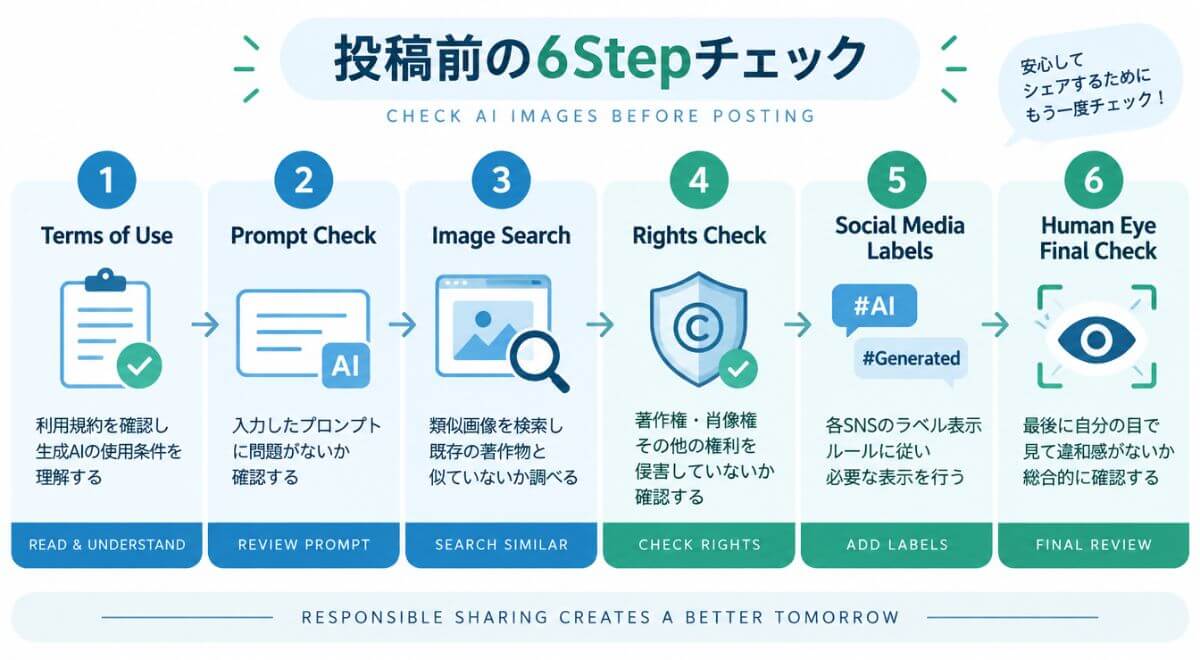 AI画像をSNSに投稿する前に確認すべき6つのステップを示したフローチャート図