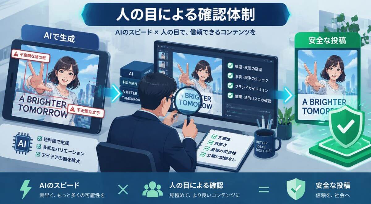 AIが生成した画像の不自然さや権利侵害を人が最終確認して炎上を防ぐリスク管理の構図