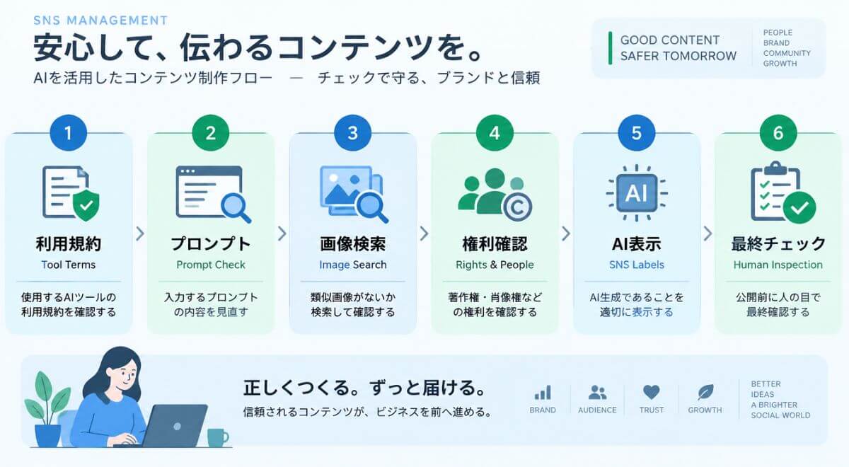 AIで作った画像や動画をSNSに投稿する前に確認すべき6つの順序を示したフローチャート