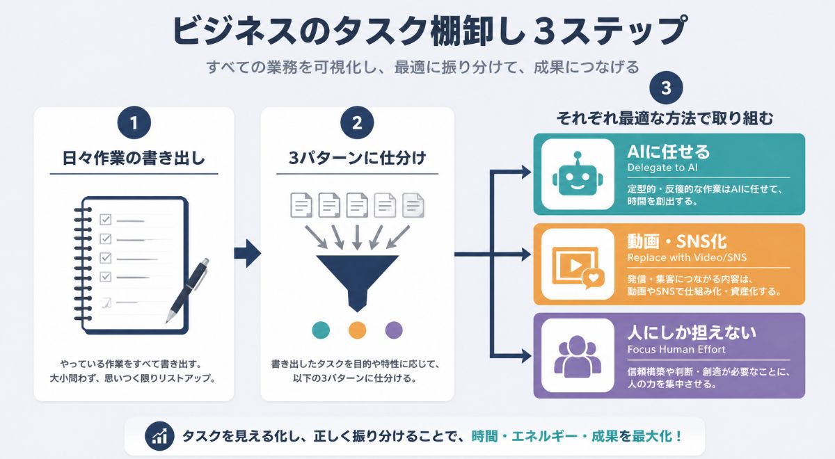 中小企業の業務棚卸しからAI・動画SNS・人的業務へ3分類する手順を表したインフォグラフィック