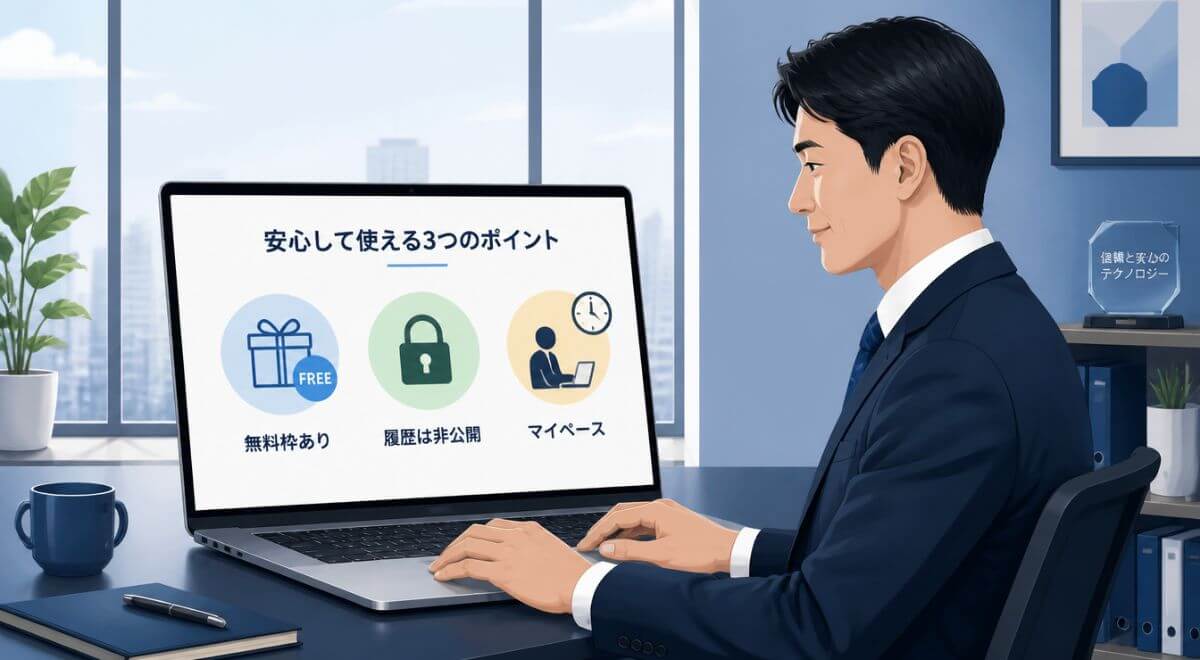 経営者が一人で安心して生成AIを試せる3つの理由（無料枠・履歴非公開・マイペース）を示した概念図