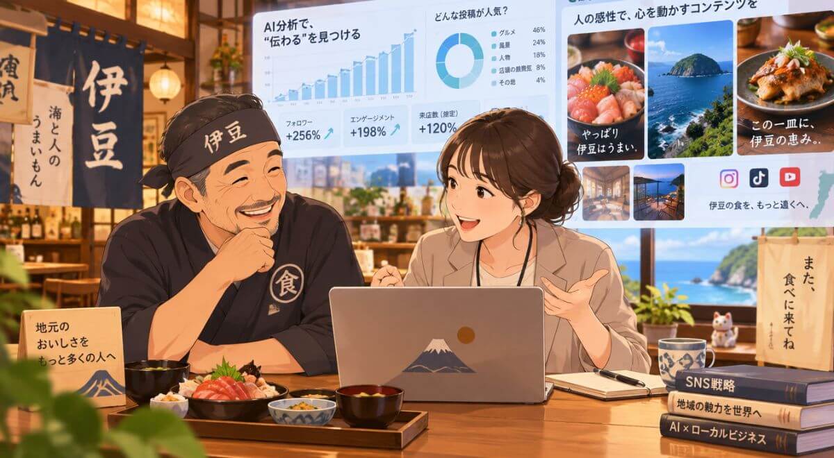 静岡・伊豆の飲食店がAIと人の手を組み合わせたSNS発信でファンを増やしていくイメージイラスト